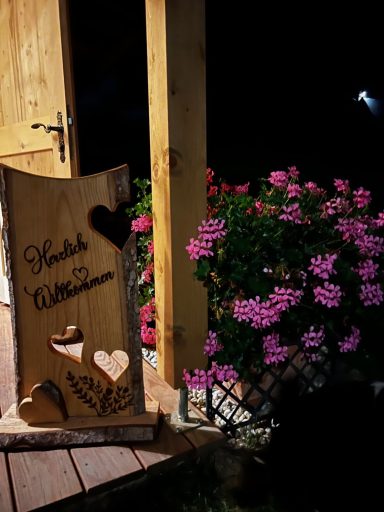 Holzschild mit Herzen und Blumen, umgeben von bunten blühenden Pflanzen bei Nacht.